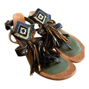 Meher Kakalia Sofia Thong Sandal Sz EU 38 US 7 Leather Tassel Embellished Beaded